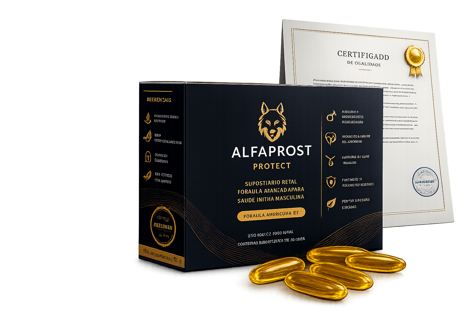 Alfaprost Protect embalagem, certificado e cápsulas