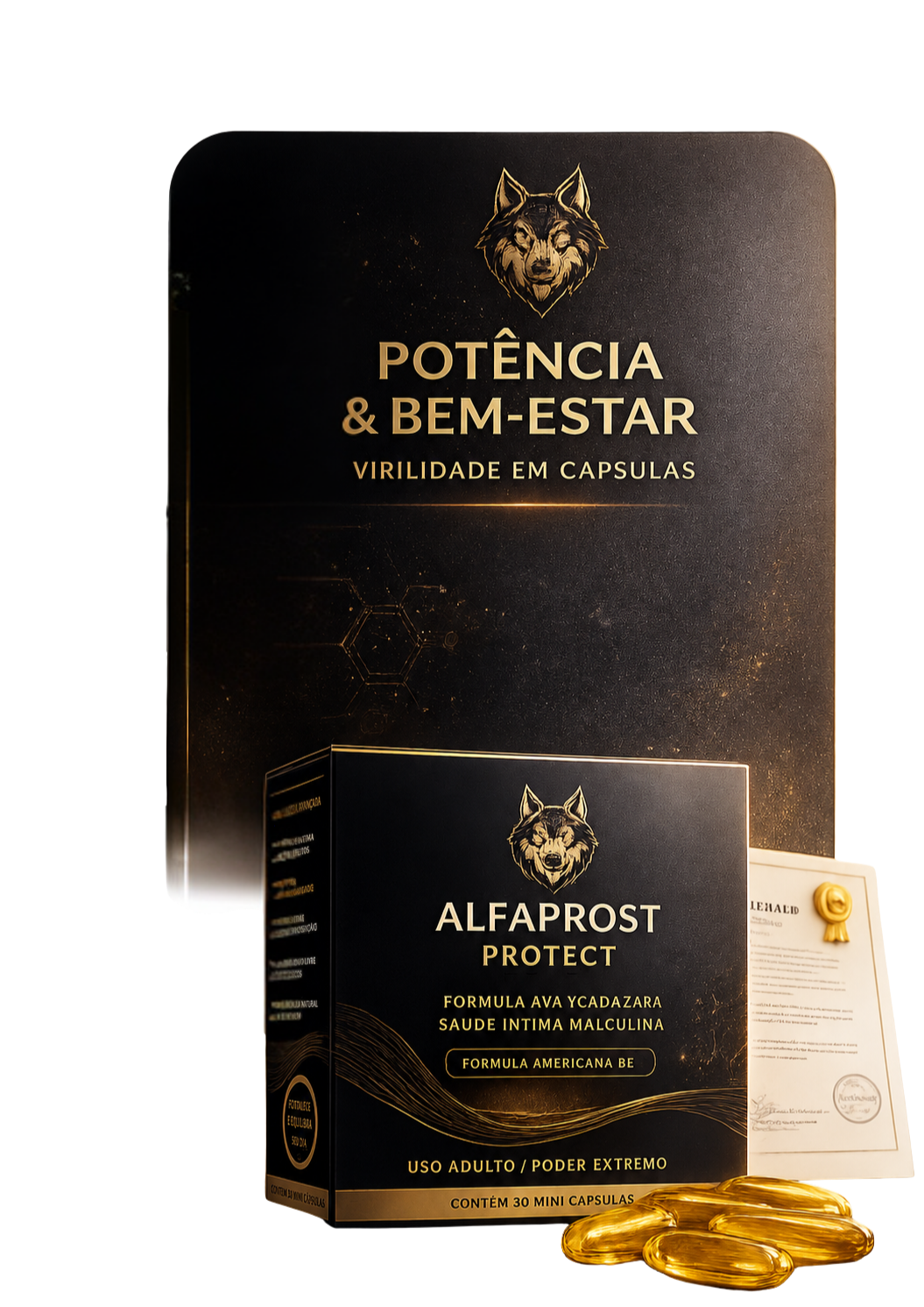 Alfaprost Protect embalagem oficial com cápsulas e certificado