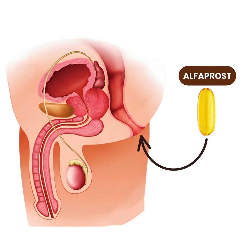 Diagrama anatômico mostrando a ação local do Alfaprost na região da próstata